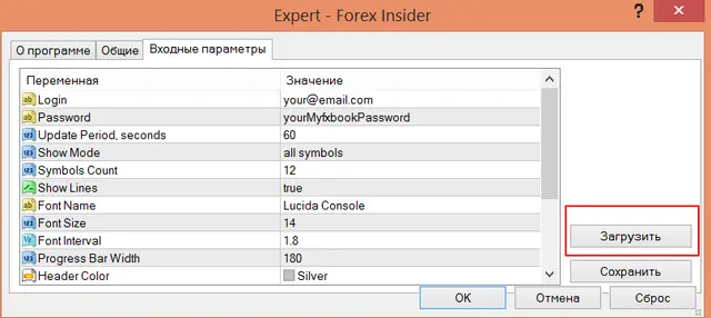 Загрузка пресетов для Forex Insider