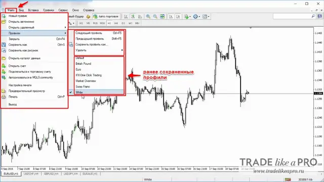 4 Меню (файл - профили) Metatrader 4