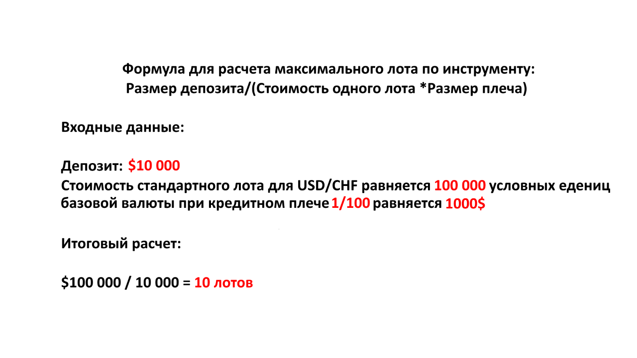 Пример расчета максимального лота по паре USDCHF