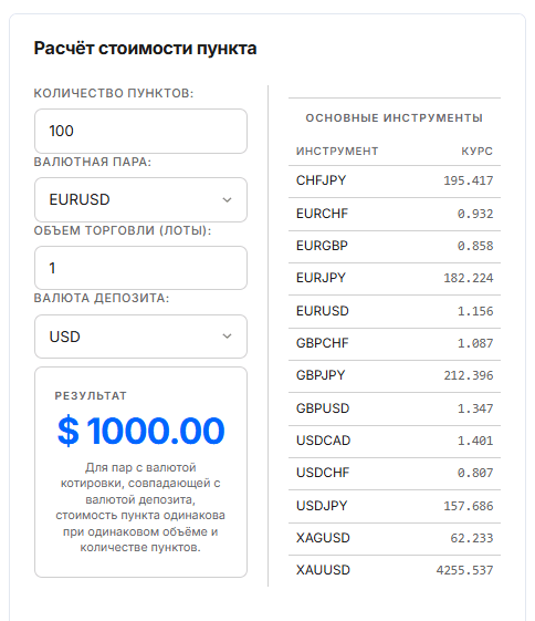 расчет стоимости пункта