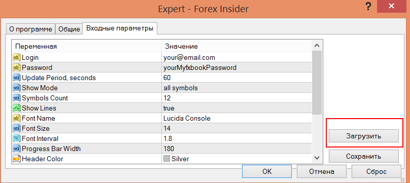 Загрузка пресетов для Forex Insider