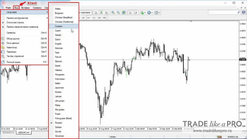 10 Меню (вид -язык) Metatrader 4