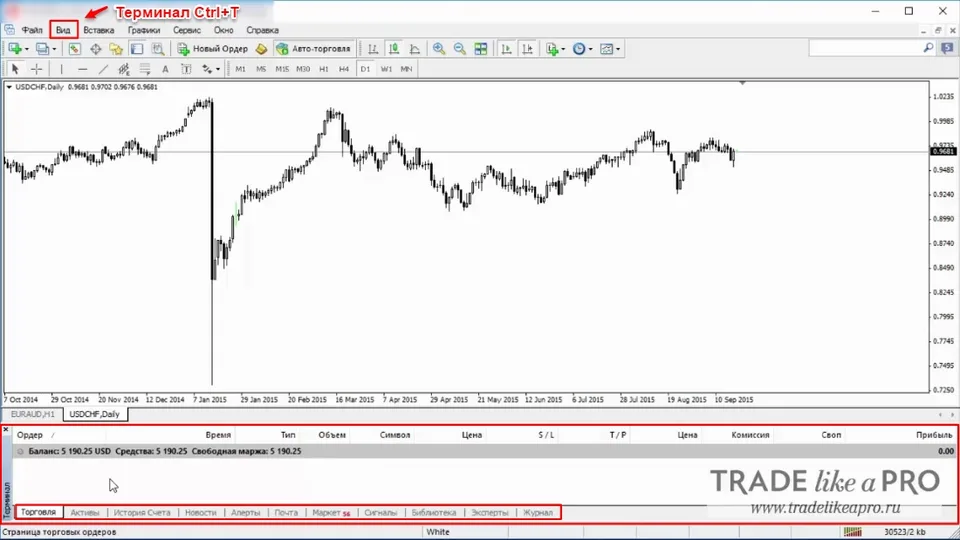16 Меню (вид терминал) Metatrader 4