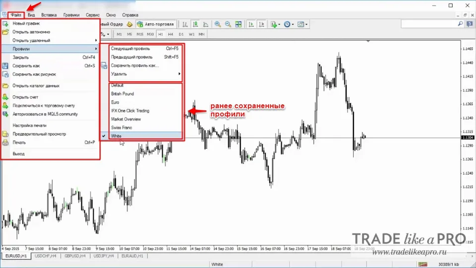 4 Меню (файл - профили) Metatrader 4