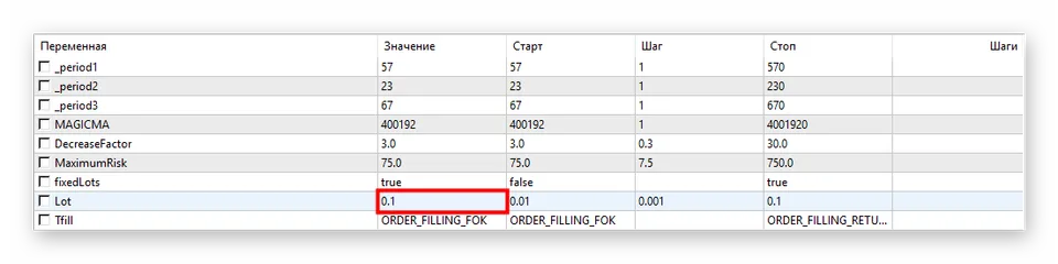Выбо лота в тестере стратегий MT5