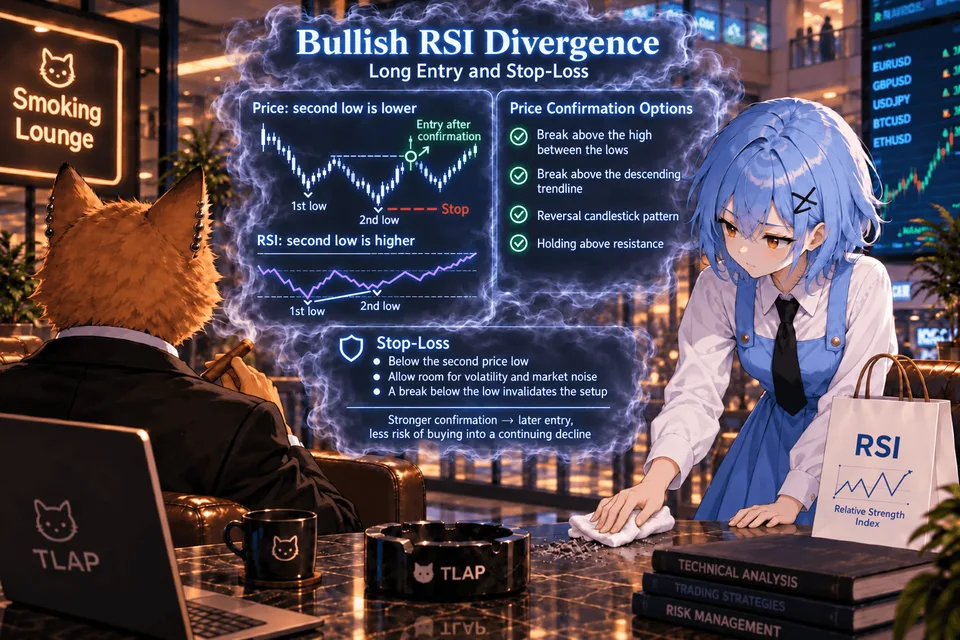 Confirmation for a long entry on bullish RSI divergence