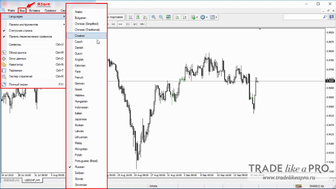 10 Menu (view - language) Metatrader 4