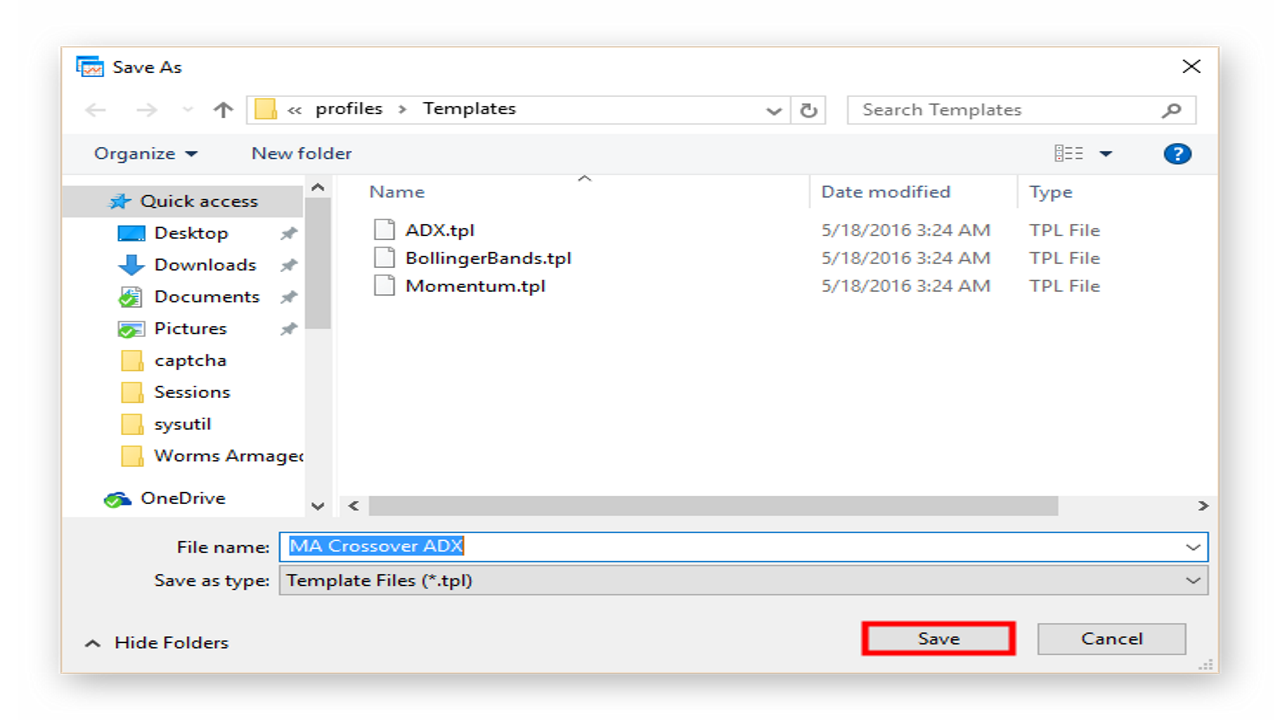 A standard file save window will open. Specify the template name and click Save.